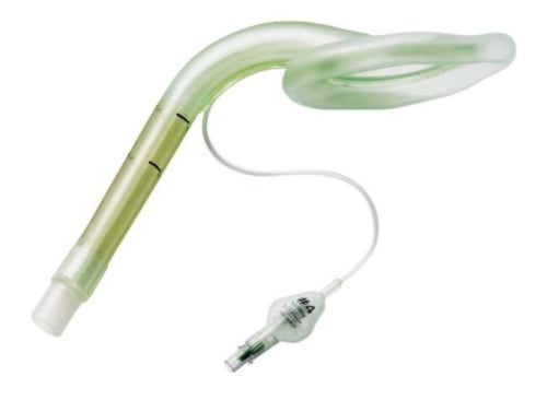 Ambu AuraOnce larynxmask i förpackning — engångslarynxmask med anatomiskt kurvaturen synlig