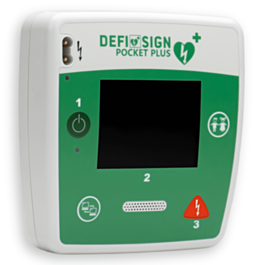 DefiSign Pocket Plus halvautomatisk hjärtstartare med LCD-skärm — kompakt AED som väger under ett kilo