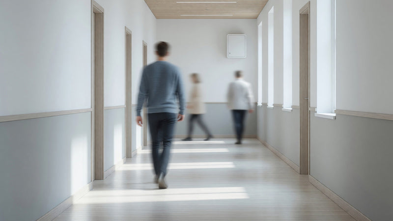 Kontorskorridor med ett hjärtstartarskåp längst bort på väggen