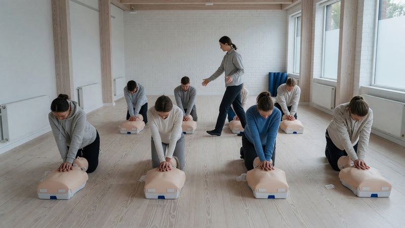 Deltagare på HLR-kurs knäböjer vid övningsdockor på golvet