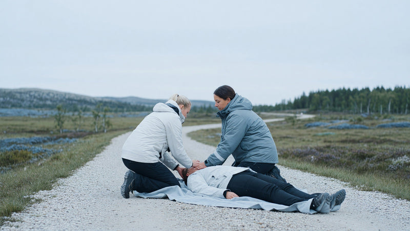Två räddare stabiliserar huvudet på en liggande person utomhus