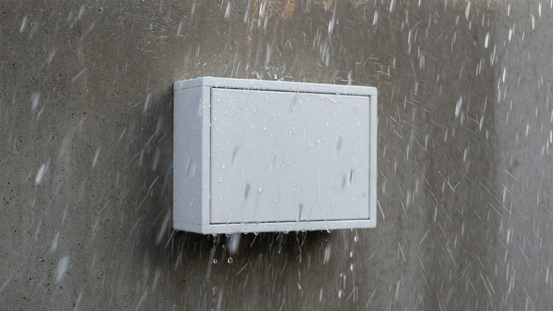 Regn faller mot ett vitväggsmonterat skåp på en betongvägg utomhus