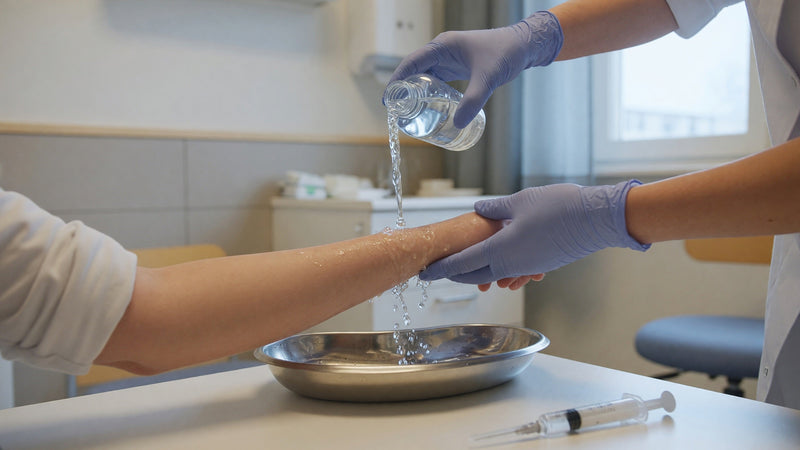 Ett sår på underarmen sköljs rent över ett rondskål