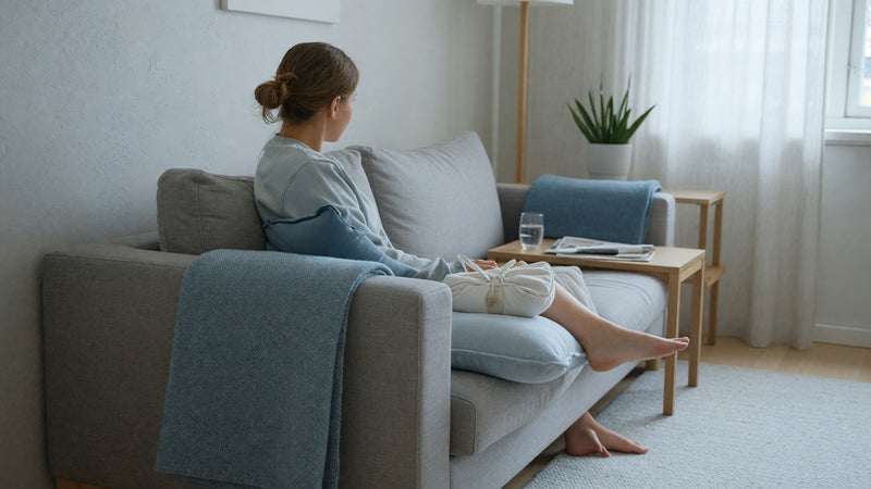 Person med högläge och kylande omslag på en stukad fotled i soffan