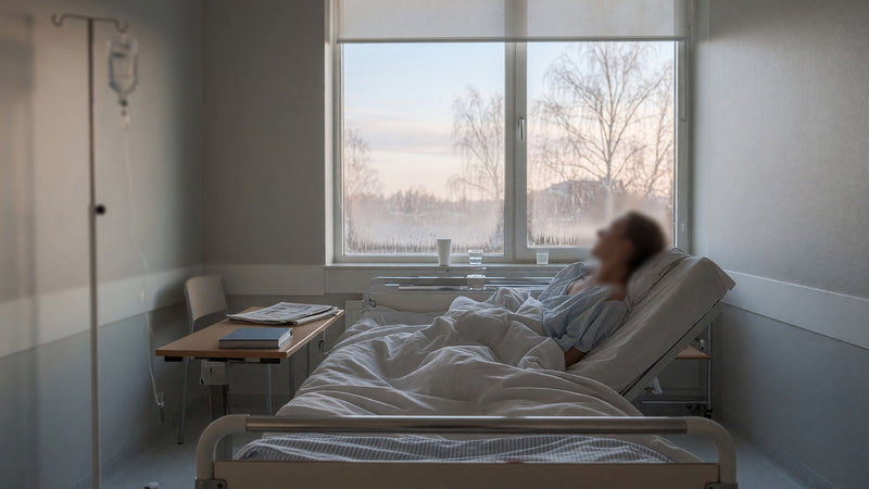 Patient vilar i en säng vid fönstret på en ljus vårdavdelning
