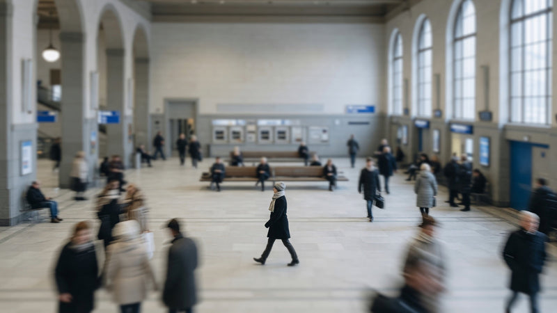 Person rör sig genom en stationshall mot ett hjärtstartarskåp på väggen
