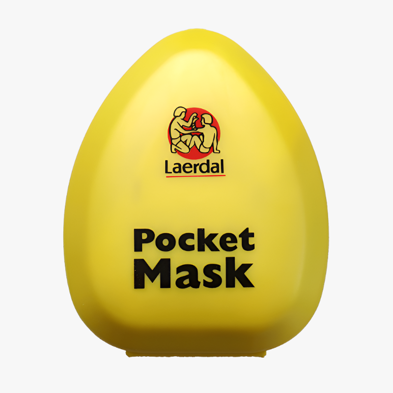 Laerdal Pocketmask med envägsventil och 3M-filter i gul ask — standardutrustning vid hjärt-lungräddning
