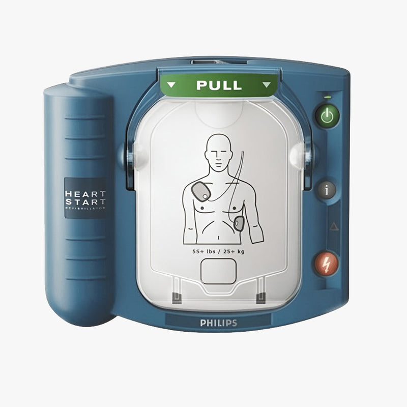 Philips HeartStart HS1 hjärtstartare med väska — halvautomatisk AED med svenska röstinstruktioner och SMART Pads-elektroder
