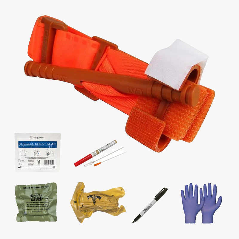 Komplett trauma-kit for blodningskontroll med tourniquet, hemostatic gauze och tryckforband