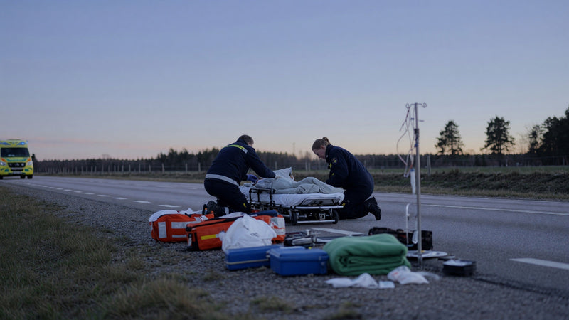 Ambulanspersonal arbetar vid en bår i skymningen på en landsväg