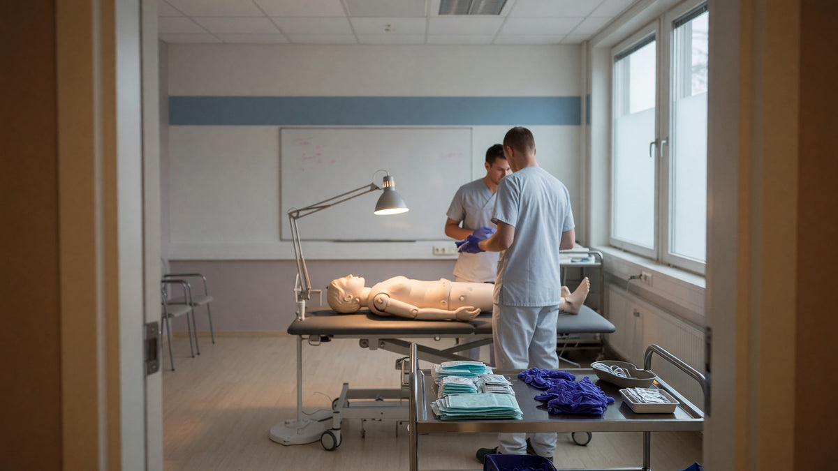 Traumaträningsrum med övningsdocka och personal som går igenom momentet
