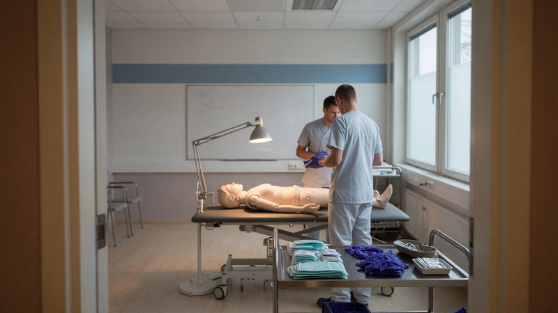 Traumaträningsrum med övningsdocka och personal som går igenom momentet