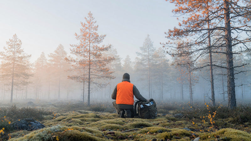 Jägare i orange väst knäböjer vid sin packning i höstskogen