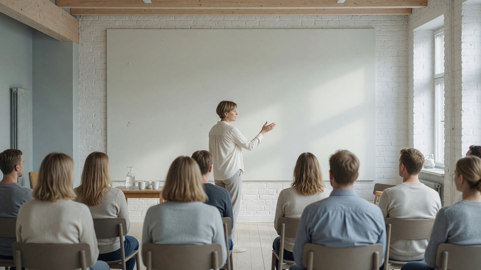 Instruktör går igenom hjärtstartare för en grupp i en kurslokal
