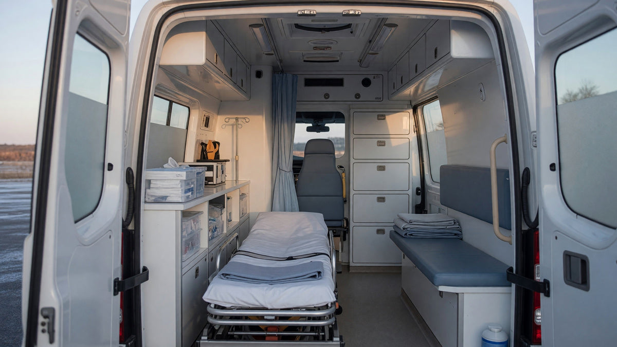 Interiören i en tom ambulans i morgonljus sedd från bakdörrarna