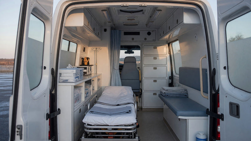 Interiören i en tom ambulans i morgonljus sedd från bakdörrarna