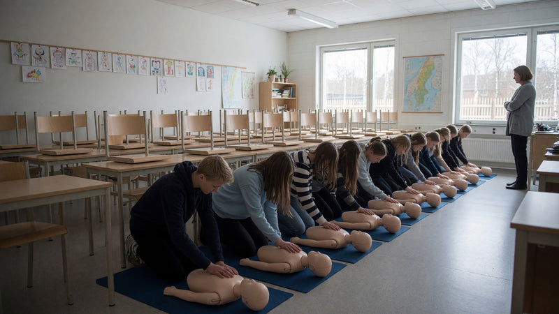 Elever övar HLR på golvet i ett klassrum med små övningsdockor