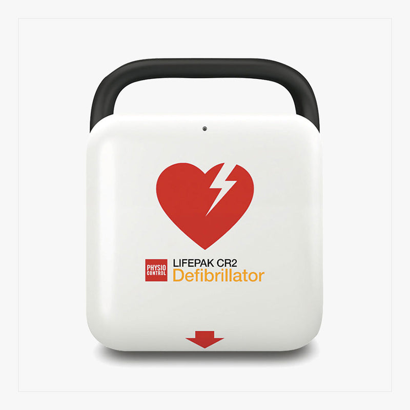 Lifepak CR2 hjärtstartare av Stryker — vit AED med eskalerande bifasisk energi upp till 360 joule