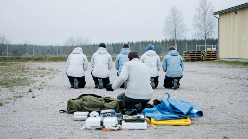 Instruktör går igenom en traumaövning med en grupp deltagare utomhus