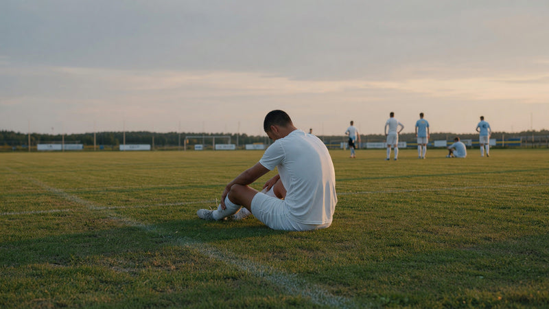 Fotbollsspelare sitter på planen och håller om sitt knä