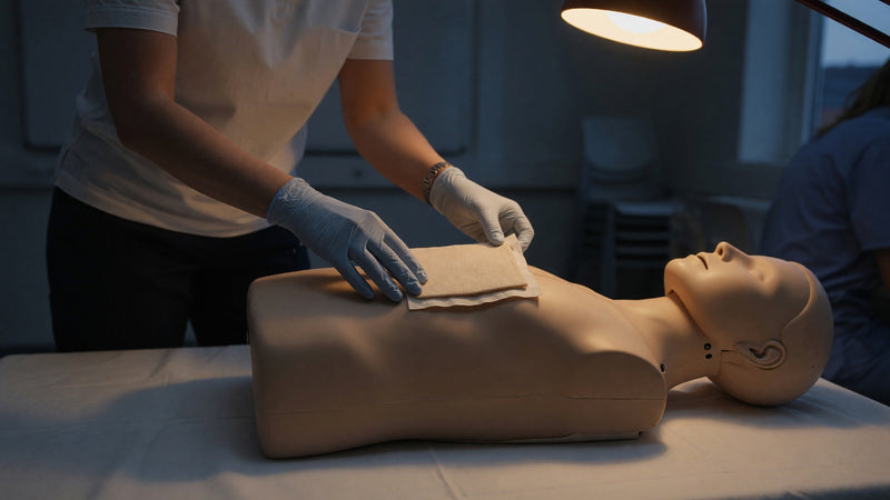 Händer lägger ett thoraxförband på bröstkorgen under en traumaövning