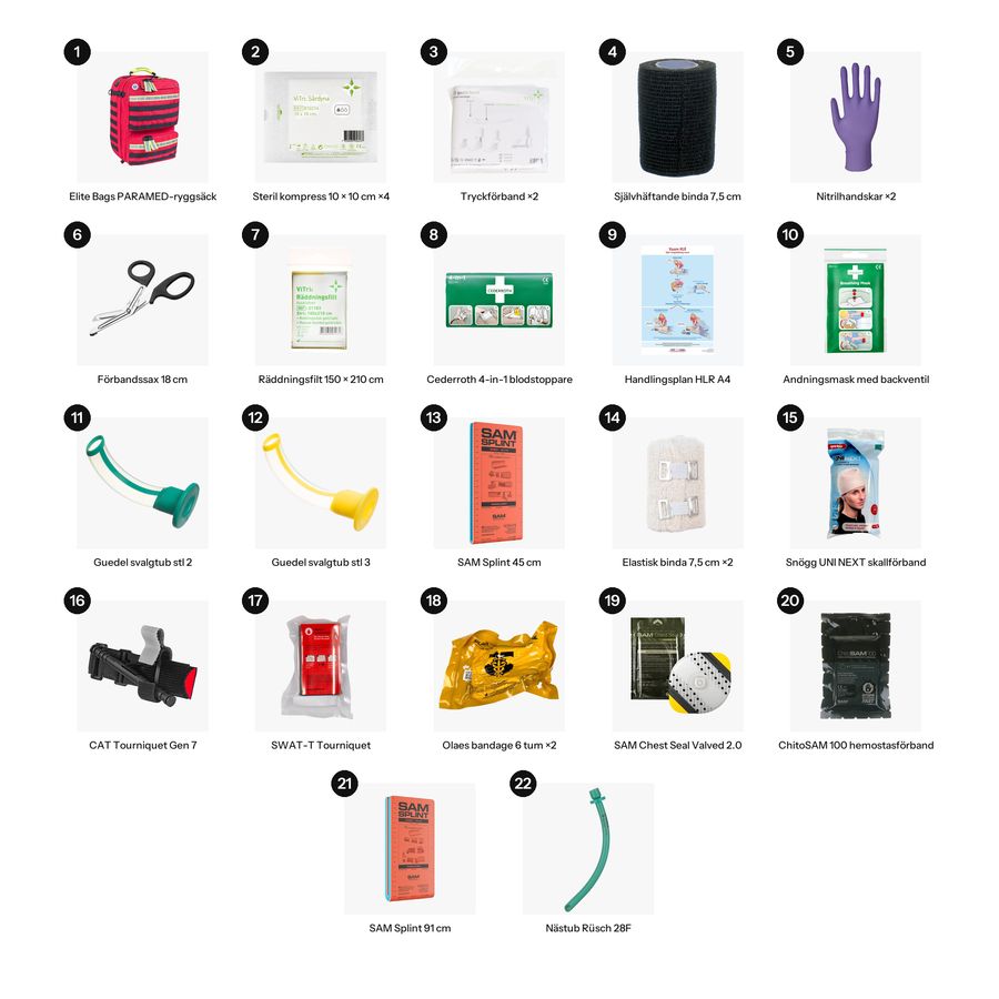 Innehållet i Akutväska Trauma: 1. Elite Bags PARAMED-ryggsäck, 2. Steril kompress 10 × 10 cm ×4, 3. Tryckförband ×2, 4. Självhäftande binda 7,5 cm, 5. Nitrilhandskar ×2, 6. Förbandssax 18 cm, 7. Räddningsfilt 150 × 210 cm, 8. Cederroth 4-in-1 blodstoppare, 9. Handlingsplan HLR A4, 10. Andningsmask med backventil, 11. Guedel svalgtub stl 2, 12. Guedel svalgtub stl 3, 13. SAM Splint 45 cm, 14. Elastisk binda 7,5 cm ×2, 15. Snögg UNI NEXT skallförband, 16. CAT Tourniquet Gen 7, 17. SWAT-T Tourniquet, 18. Ol…