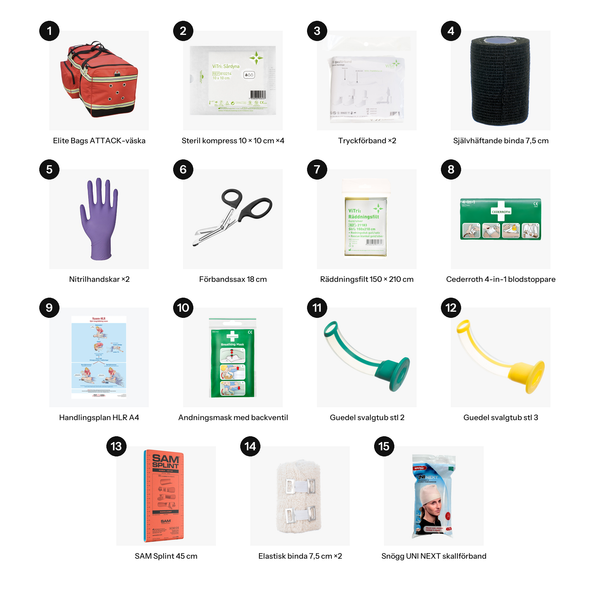 Innehållet i Akutväska Utryckning: 1. Elite Bags ATTACK-väska, 2. Steril kompress 10 × 10 cm ×4, 3. Tryckförband ×2, 4. Självhäftande binda 7,5 cm, 5. Nitrilhandskar ×2, 6. Förbandssax 18 cm, 7. Räddningsfilt 150 × 210 cm, 8. Cederroth 4-in-1 blodstoppare, 9. Handlingsplan HLR A4, 10. Andningsmask med backventil, 11. Guedel svalgtub stl 2, 12. Guedel svalgtub stl 3, 13. SAM Splint 45 cm, 14. Elastisk binda 7,5 cm ×2, 15. Snögg UNI NEXT skallförband.
