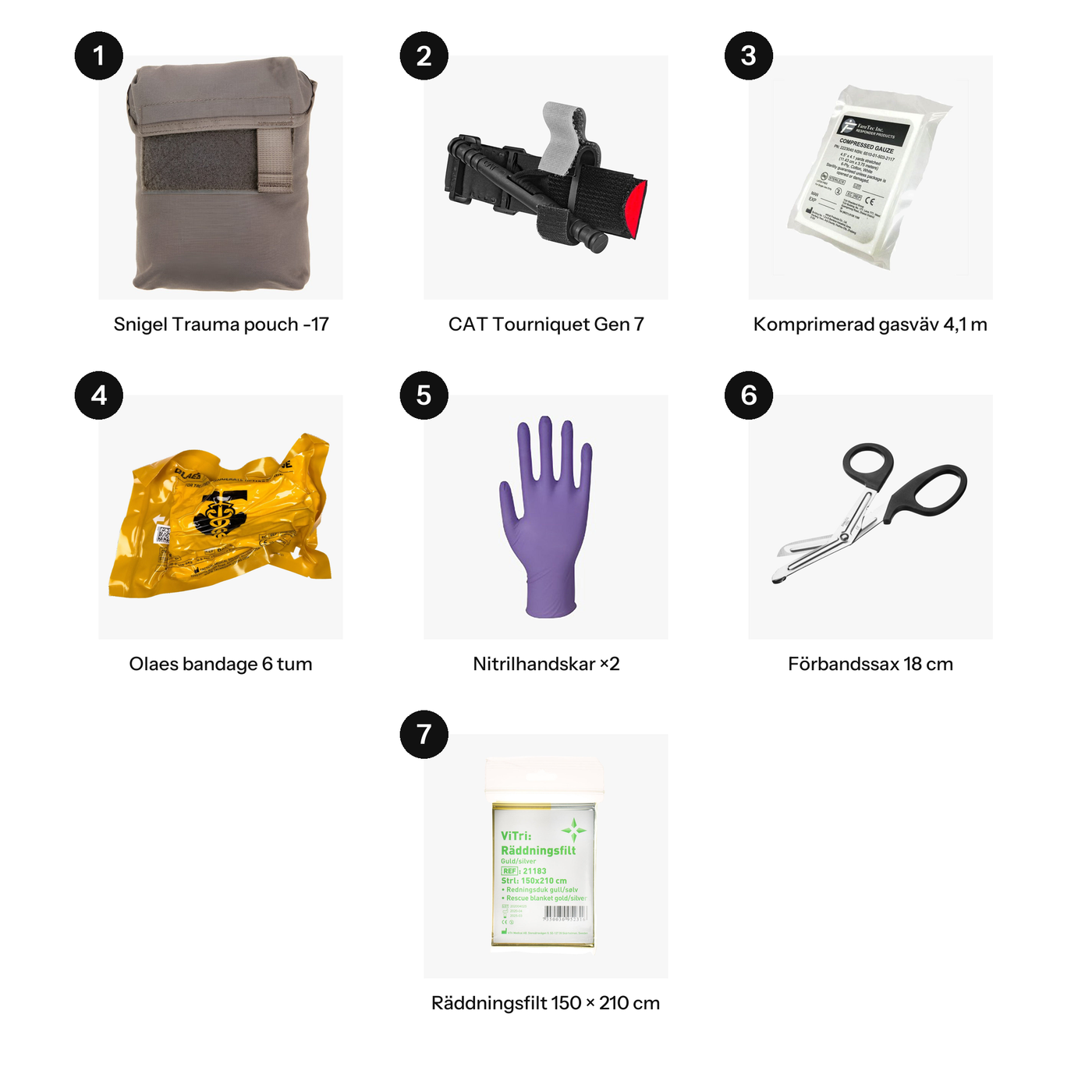 Innehållet i IFAK Bas: 1. Snigel Trauma pouch -17, 2. CAT Tourniquet Gen 7, 3. Komprimerad gasväv 4,1 m, 4. Olaes bandage 6 tum, 5. Nitrilhandskar ×2, 6. Förbandssax 18 cm, 7. Räddningsfilt 150 × 210 cm.