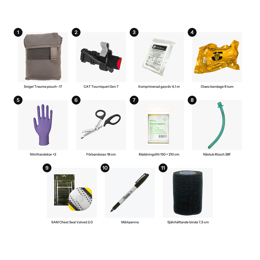 Innehållet i IFAK Utökad: 1. Snigel Trauma pouch -17, 2. CAT Tourniquet Gen 7, 3. Komprimerad gasväv 4,1 m, 4. Olaes bandage 6 tum, 5. Nitrilhandskar ×2, 6. Förbandssax 18 cm, 7. Räddningsfilt 150 × 210 cm, 8. Nästub Rüsch 28F, 9. SAM Chest Seal Valved 2.0, 10. Märkpenna, 11. Självhäftande binda 7,5 cm.