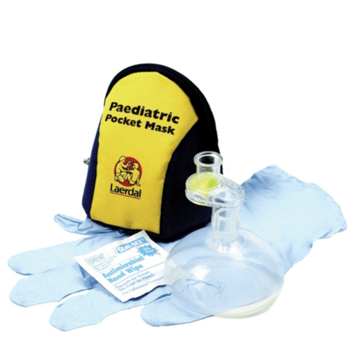 Laerdal andningsmask för barn i blå/gul väska med sterilt kompress