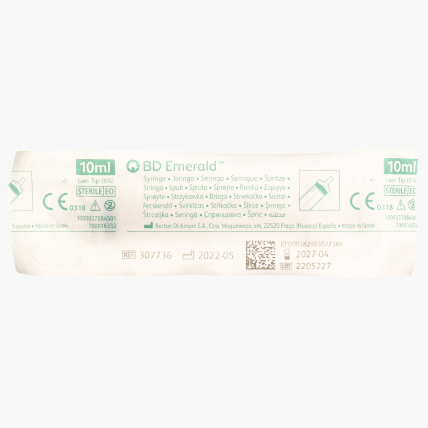 Syringe BD Emerald Luer 10 ml Graduation 0.2 ml Centered 100 pcs