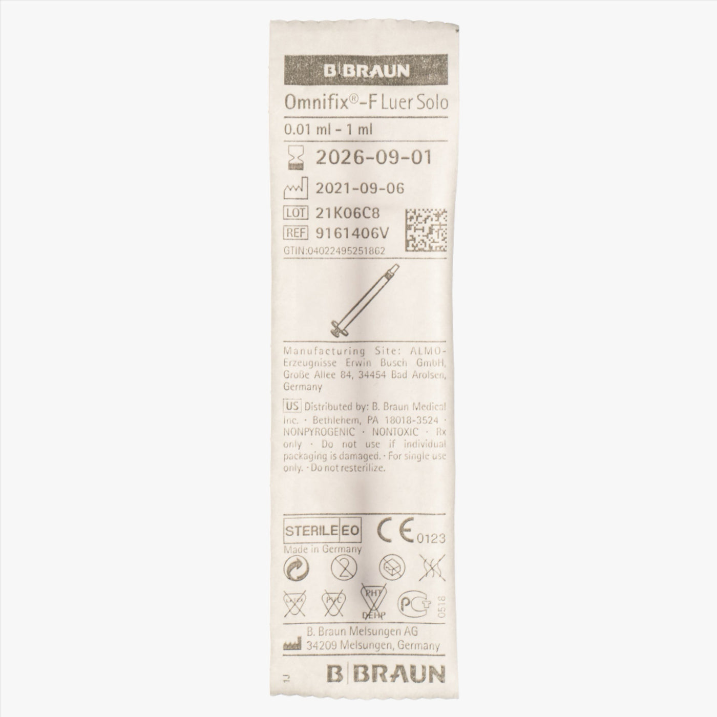 Spruta B Braun Omnifix Luer Solo 1 ml Gradering 0,01 ml Centrerad 100 st