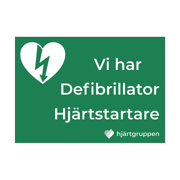 Klisterdekal "Vi har Defibrillator Hjärtstartare" 30 x 21 cm